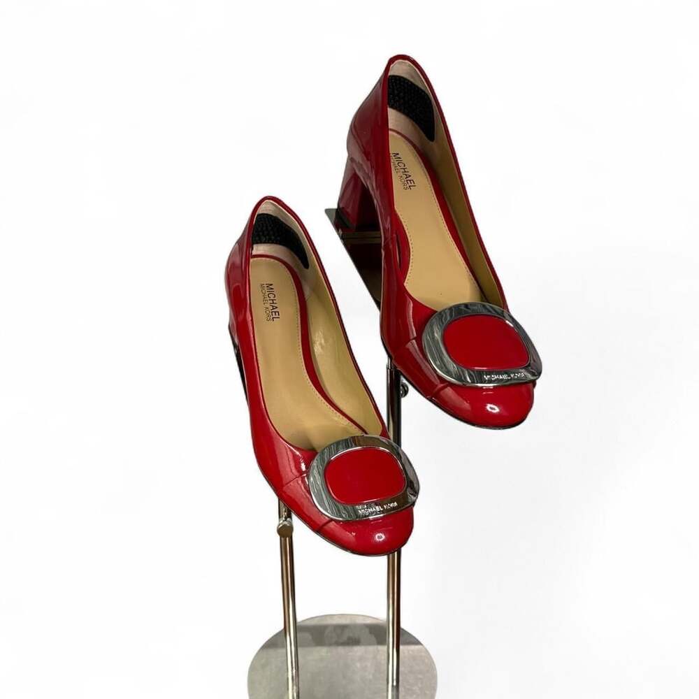 Michael Kors Red Patent Leather Pauline Pump Block Heel Shoes
